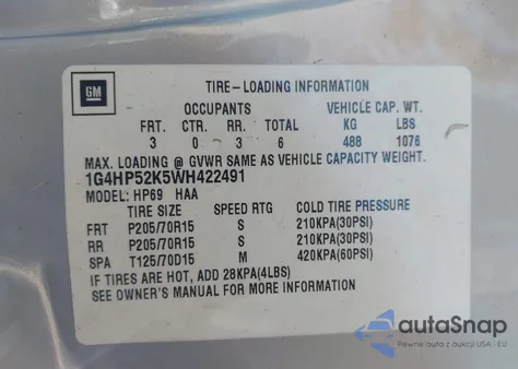 1998 Buick Lesabre Custom из США, поврежденный, VIN 1G4HP52K5WH422491